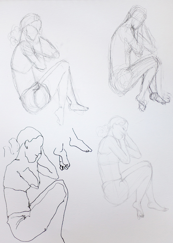 An exercise to overcome perfectionism for artists: four drawings of the same figure.