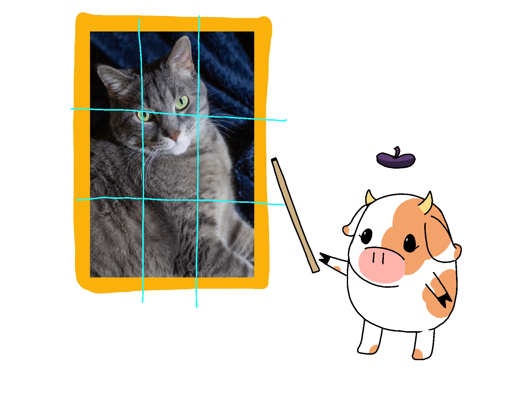 Bella the cow points to a picture of a cat to show you the rule of thirds - a beginner friendly tip to help you become a better artist.